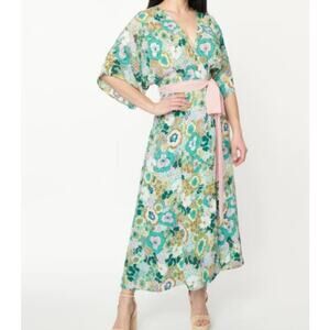 NWT Unique Vintage Floral Wrap Dress Belted Tie Kimono V-Neck Size S/4